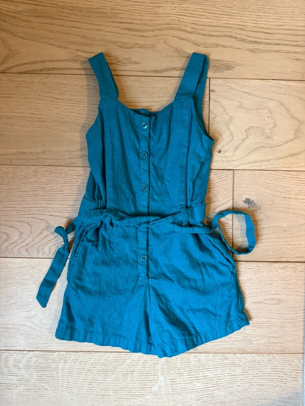 Teal Button-Front Linen Romper